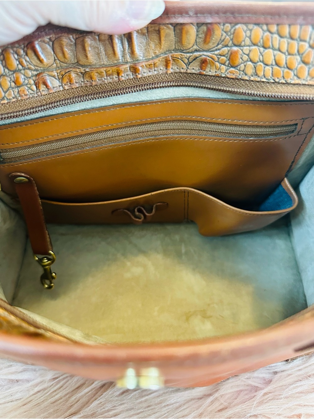 Vintage Brahmin Two-Tone Burnt Orange and Cognac Croc-Trim Satchel - Picture 12 of 16